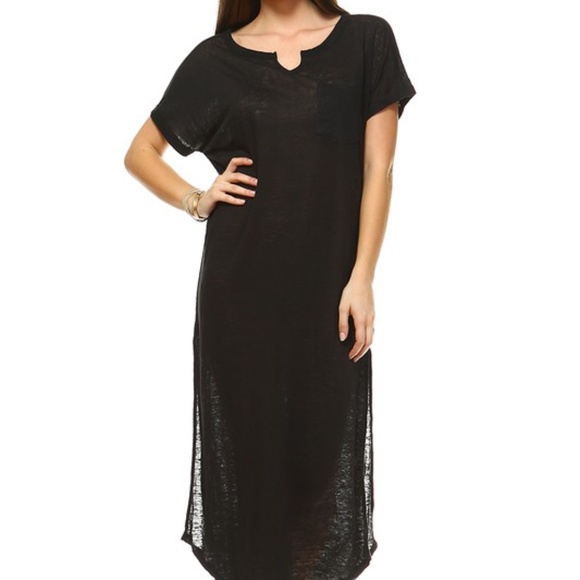 Amerikan Basics Small 100% Linen Tab Sleeve Black Summer Sheer Split Sides Dress - Picture 1 of 12